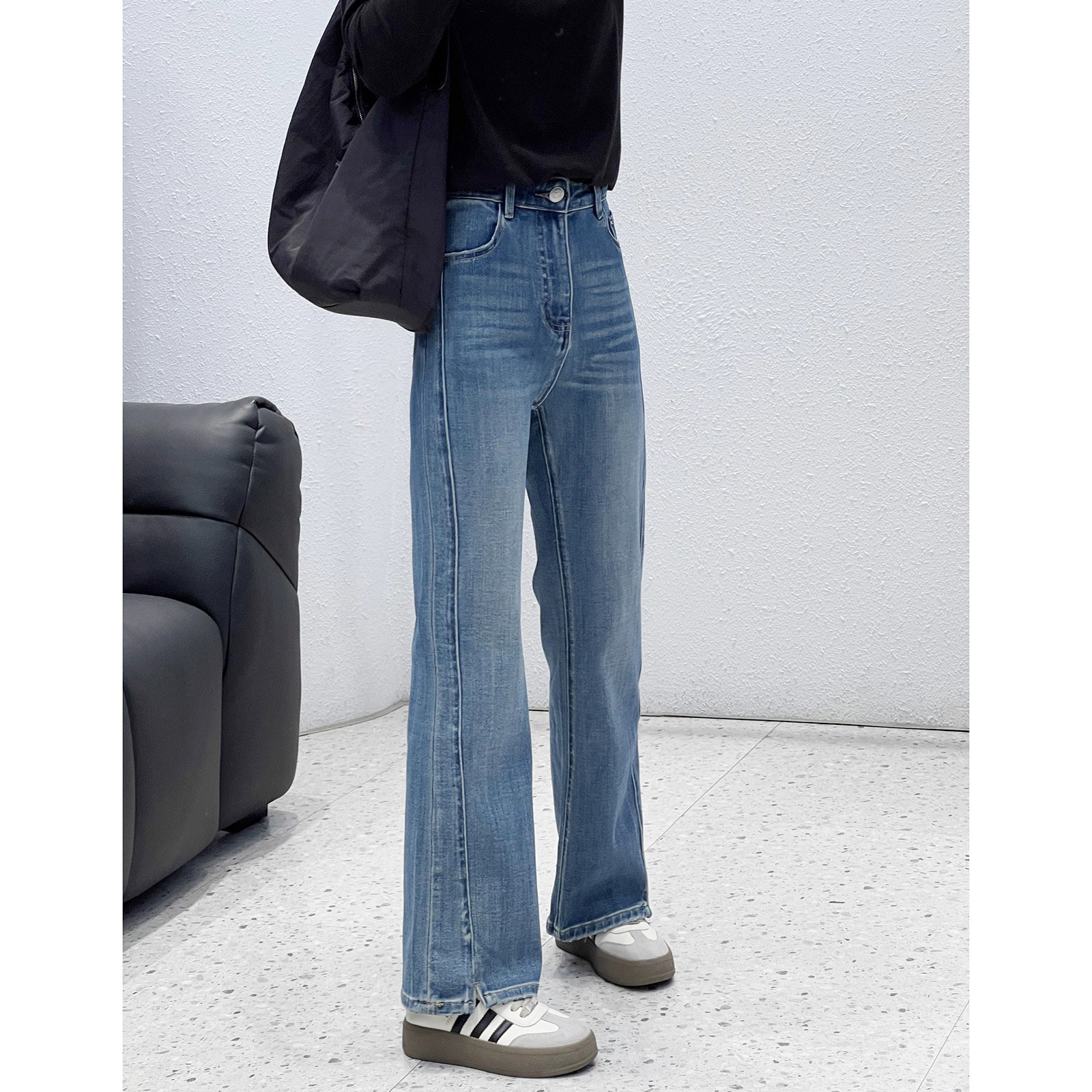 10.8 秋季新款 MY-5036韩版四面弹显瘦侧开叉牛仔微喇裤 - 图0