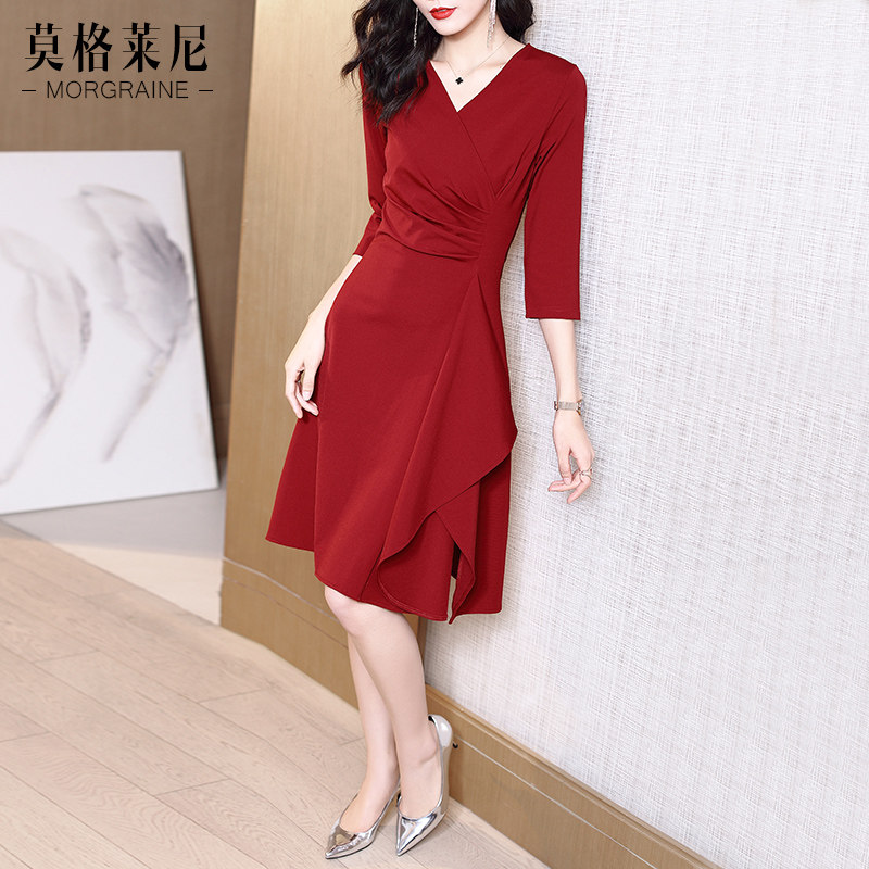 红色连衣裙女神范2020年初秋红裙子 莫格莱尼连衣裙