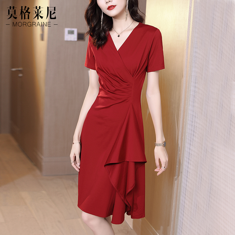 红色连衣裙2023夏天新款v领红裙子 莫格莱尼连衣裙