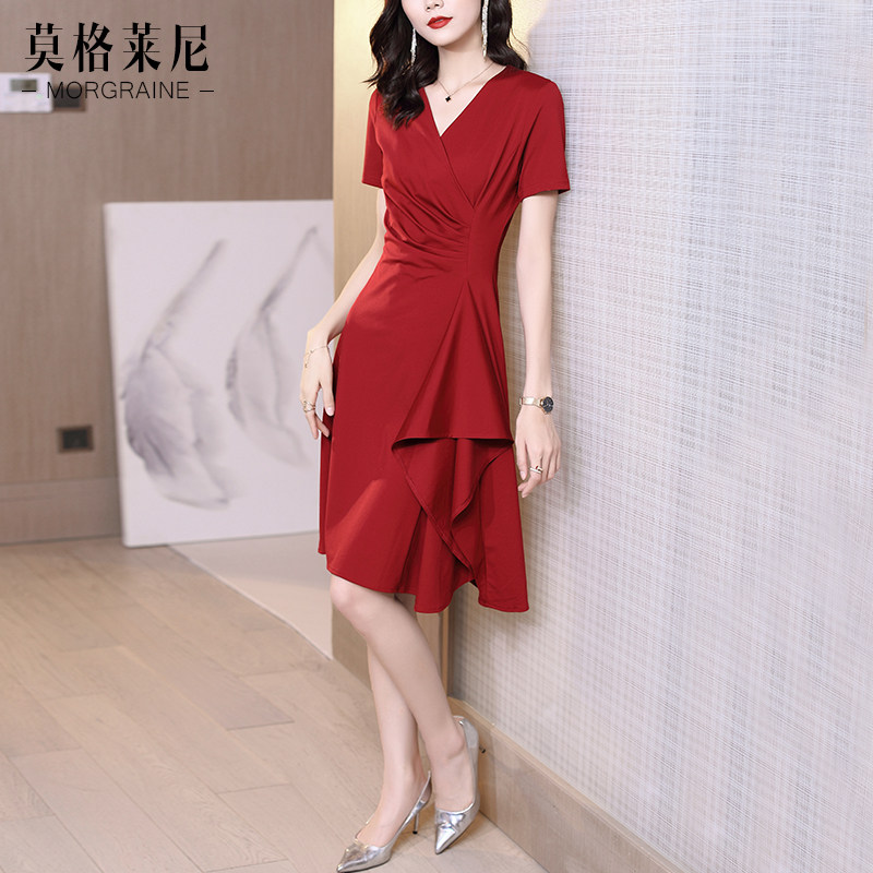 红色连衣裙2023夏天新款v领红裙子 莫格莱尼连衣裙