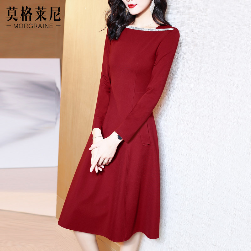 酒红色长袖连衣裙春秋季新款红裙子 莫格莱尼连衣裙