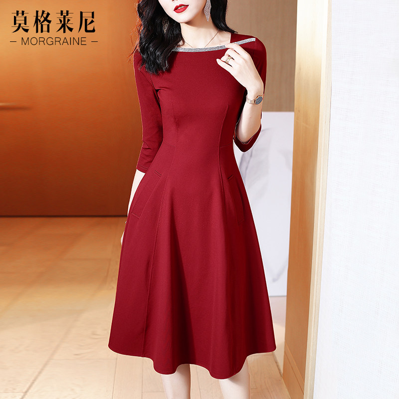 酒红色长袖连衣裙春秋季新款红裙子 莫格莱尼连衣裙
