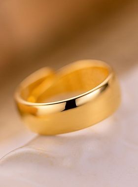 越南沙金亮面戒指久不掉色8mm宽百搭回纹底男戒镀24K金亮面戒指