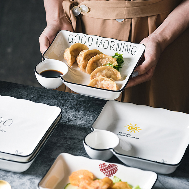 饺子盘带醋碟家用日式餐盘分格餐盘爱心创意盘子方形水饺盘菜盘子 - 图1