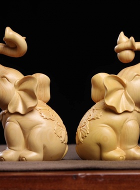 正宗小叶黄杨木雕财福大象摆件家居电视柜客厅装饰品桌面吉象摆件