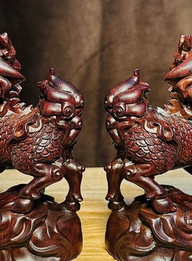 黑檀木雕刻祥云麒麟摆件一对实木麒麟家居办公室装饰花梨木工艺品
