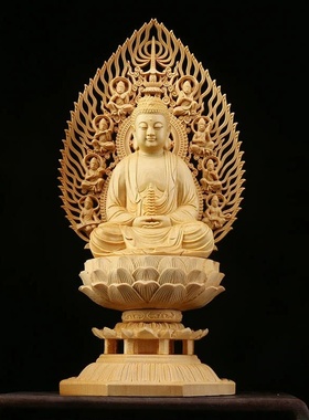 桧木精雕坐东方三圣日光月光菩萨药师佛像供奉神像摆件家居装饰品