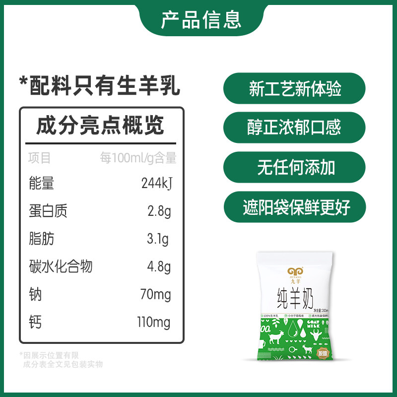 九羊纯羊奶新日期无添加液态鲜羊奶脱膻小分子孕妇儿童200ml*16袋,淘宝优惠券,粉丝福利购,淘宝优惠卷