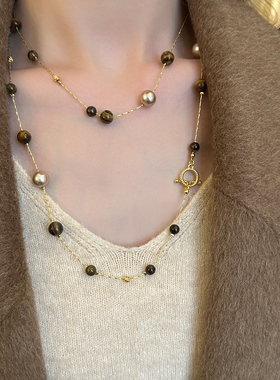 美拉德复古虎眼石珍珠串珠项链女