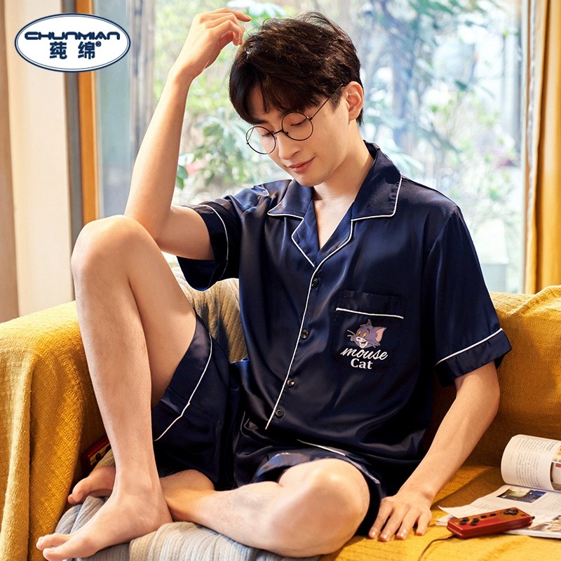 情侣夏冰丝短袖两件套卡通女士睡衣 莼绵睡衣/家居服套装