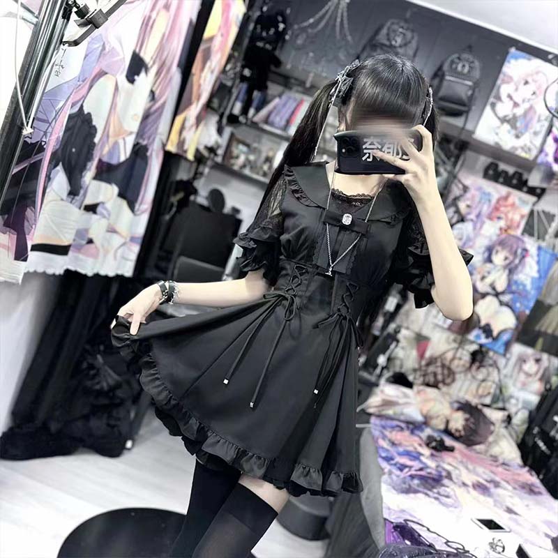 松露森林【一团】蕾黑色拼接水手领短袖收腰 - 图3