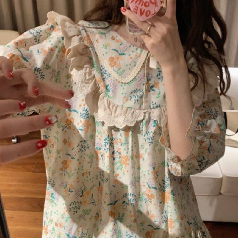 睡衣女甜美蕾丝边春秋季新款娃娃领长袖套装可爱碎花家居服,淘宝优惠券,粉丝福利购,淘宝优惠卷