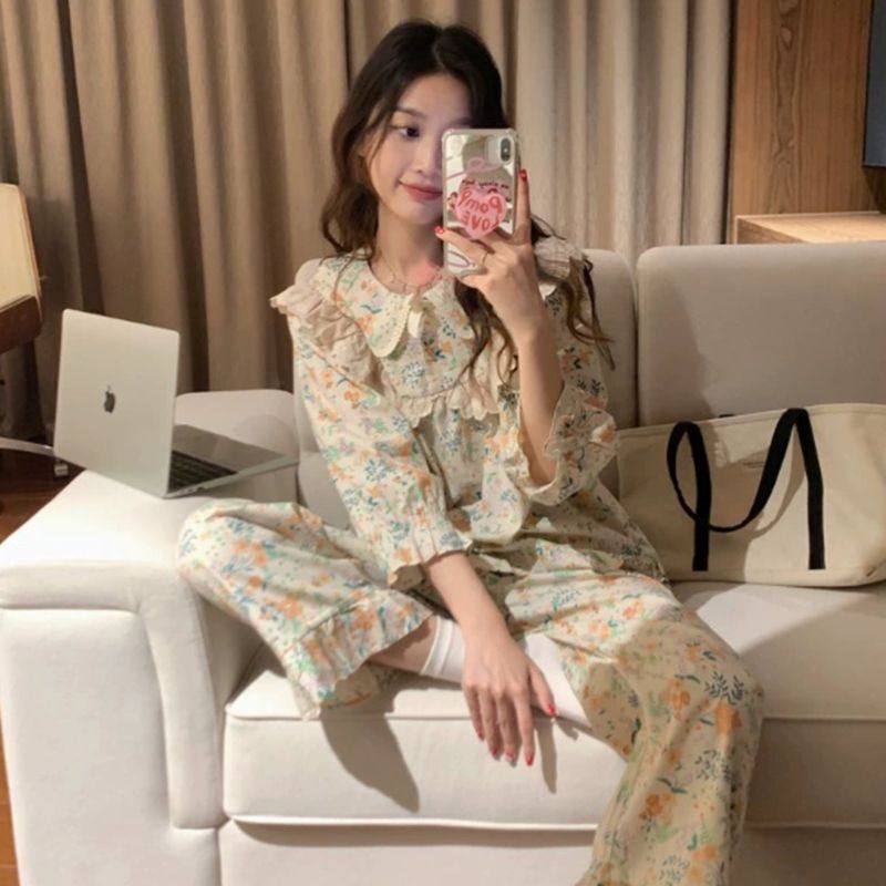 睡衣女甜美蕾丝边春秋季新款娃娃领长袖套装可爱碎花家居服,淘宝优惠券,粉丝福利购,淘宝优惠卷