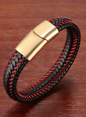 欧美个性时尚编织皮绳手链转运红绳黑色手环男潮轻奢高档饰品金色