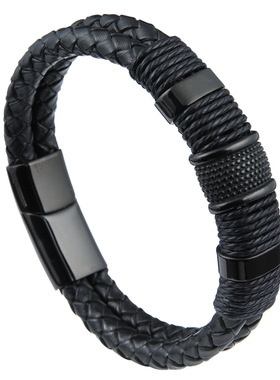 潮男路路通转运珠串饰编织皮绳手链简约霸气高级感手绳黑色欧美风