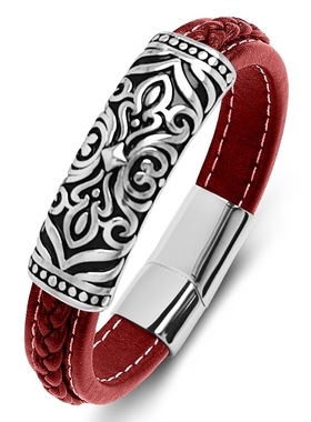 时来运转红色皮绳手链男士霸气刺青长城纹手牌守护本命年转运红绳