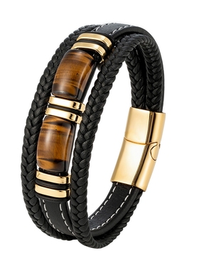 天然黄虎眼石手串男生小众复黑色真皮手链男士手饰轻奢潮流礼物