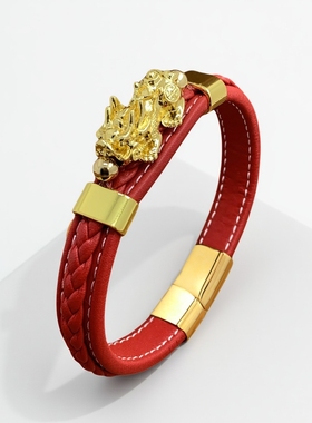 中国风貔貅真皮红色手绳男士好运转运珠皮绳手链送男友新年礼物潮