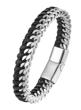 欧美潮牌手绳黑色真皮编织手链男士宽版霸气高街明克链条钛钢手链