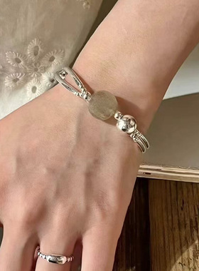 韩国ins风S925纯银招财天然发晶串珠手链女百搭小众双层弹力手镯