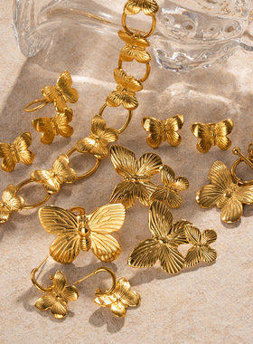 欧美复古沙金蝴蝶套装系列中古手链戒指项链小众轻奢饰品批发