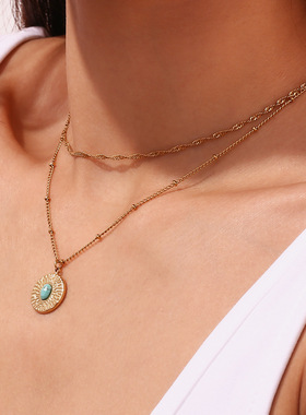 欧美跨境不锈钢镀18K金天然大理石眼睛太阳长方形珍珠吊坠项链女