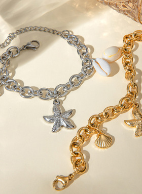 欧美跨境ins夏日海洋手链18k金不锈钢海星贝壳海螺手链不锈钢手链