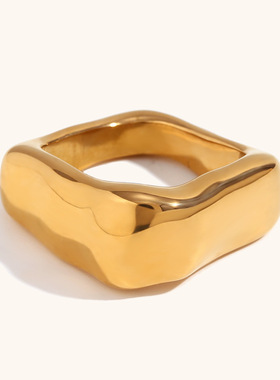 欧美跨境热卖简约正方形几何戒指316L不锈钢镀18K金色个性指环饰