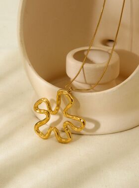 欧美跨境镂空几何花朵项链镀18K金不锈钢保色夸张项链毛衣链首饰