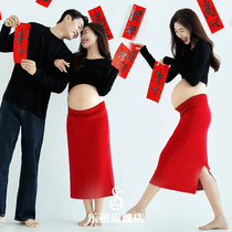 Movie House New Year Themed Pregnant Woman Photo Clothing Lovers Suit Red Korean Ensemble Meritocratic Lazy Wind Gestation Mommy at home