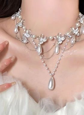 甜酷风多层十字架珍珠项链女轻奢小众设计感choker颈链个性锁骨链