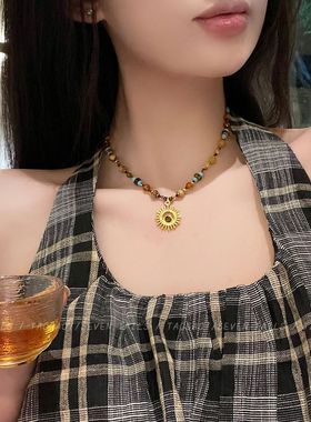 复古波西比亚太阳花项链女显白串珠轻奢小众设计锁骨链民族风配饰
