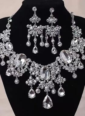 爆闪满风超水滴项链耳环套装小众轻奢高级锁骨宴会礼服晚礼服配饰