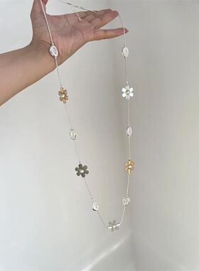时髦金属花朵撞色拼接长款多用精致项链ins小众叠戴毛衣链腰链女
