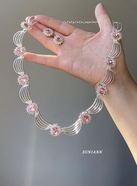 复古宫廷风超闪粉钻波浪项链耳环女轻奢精致贵气感锁骨链气质颈链