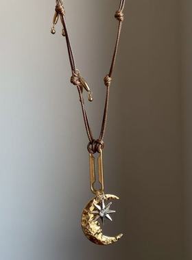 “日月同辉”中古vintage月牙芒星蜡绳项链可调节百搭秋冬毛衣链