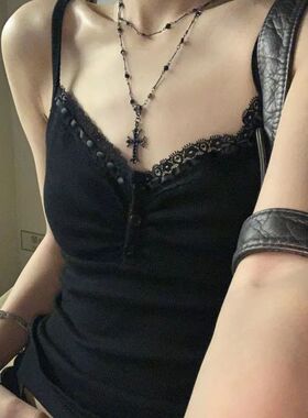 暗黑十字架串珠项链女长款双层叠戴颈链小众设计出游搭配锁骨链