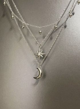 Vintage古着 Silver light hanging night欧美风月亮星星吊坠项链