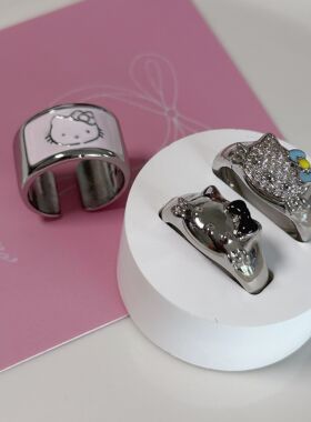 hellokitty卡通可爱小猫滴油戒指组合女个性小众设计食指戒开口戒