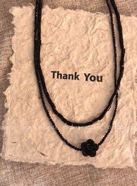 黑色玫瑰花串珠双层叠戴项链女小众锁骨链甜酷颈链choker气质配饰