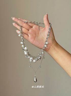 甜酷辣妹风不规则珍珠水滴流苏项链女小众高级感叠戴锁骨链毛衣链