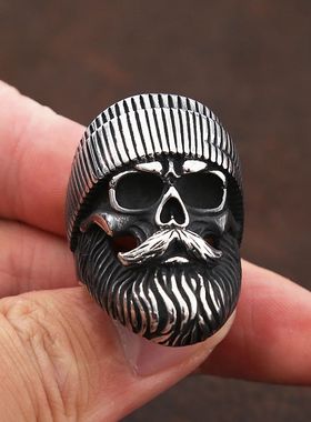 Vintage Hat Big Beard Skull Ring for Men Gothic Stainless St