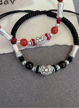 999足银小福星百福平安锁手链女款纯银转运 红绳本命年男生编织