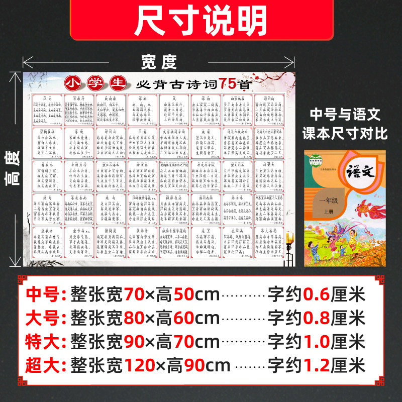 小学生必背古诗唐诗词75首75十80挂图儿童房三百首三字经墙贴纸画,淘宝优惠券,粉丝福利购,淘宝优惠卷