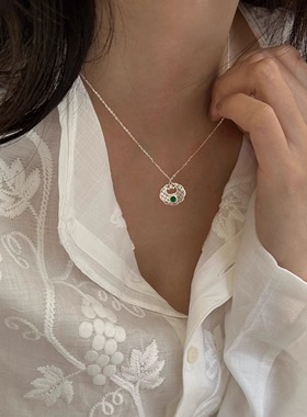 S925绿如意吊坠吉祥如意纯银项链女复古新中式锁包银锁坠生日礼物