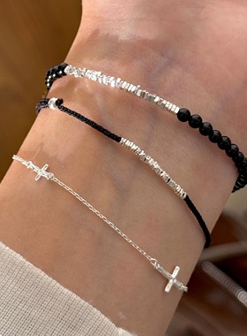S925纯银手链女细款小众设计高级感叠戴十字架碎银子串珠情侣手饰