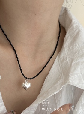 豌豆饰物7A黑玛瑙立体爱心项链