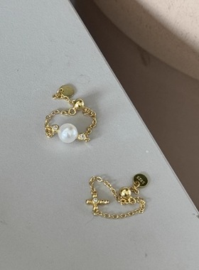 S925纯银金色抽拉软链条戒指女精致珍珠十字架食指戒均码可调节