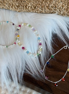 S925纯银彩色华子碎银珍珠手链韩系甜美春夏多巴胺手饰女高颜值