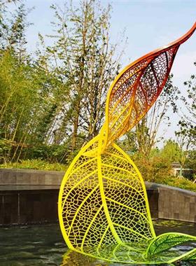 不锈钢叶子摆件镜面水景镂空树叶廊架雕塑酒店售楼处地产装饰美陈